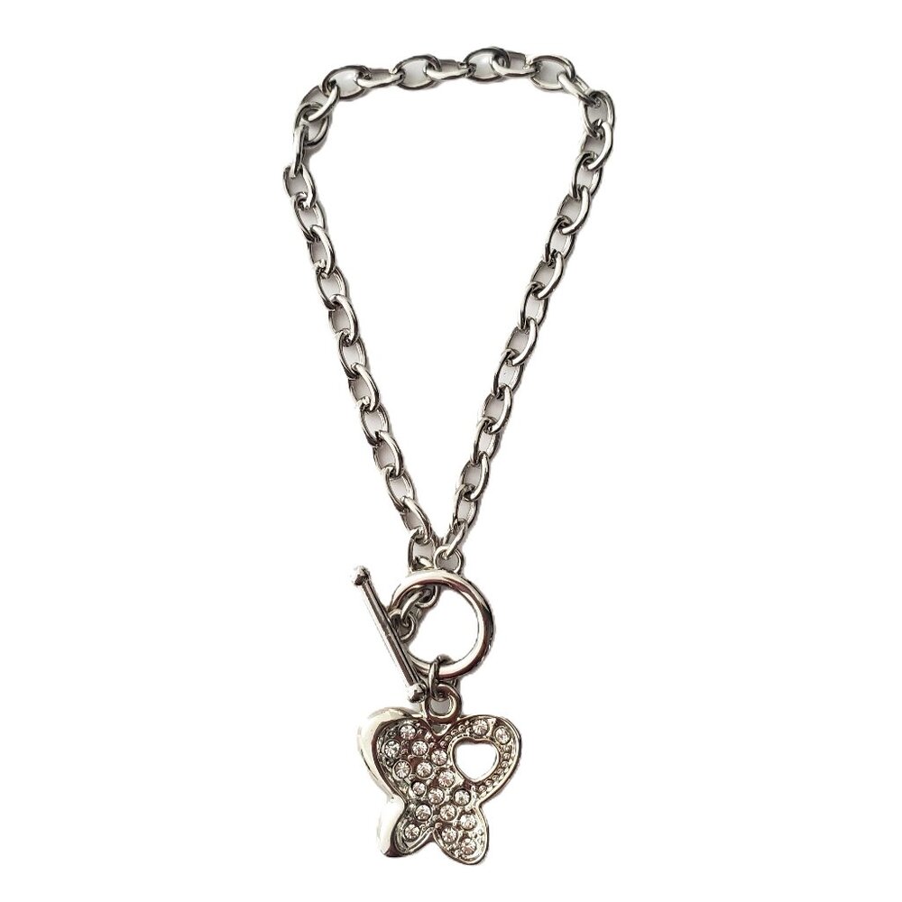 Silver Chain Bracelet Butterfly Charm w/ Crystal Stones & Heart Cut Out T Clasp